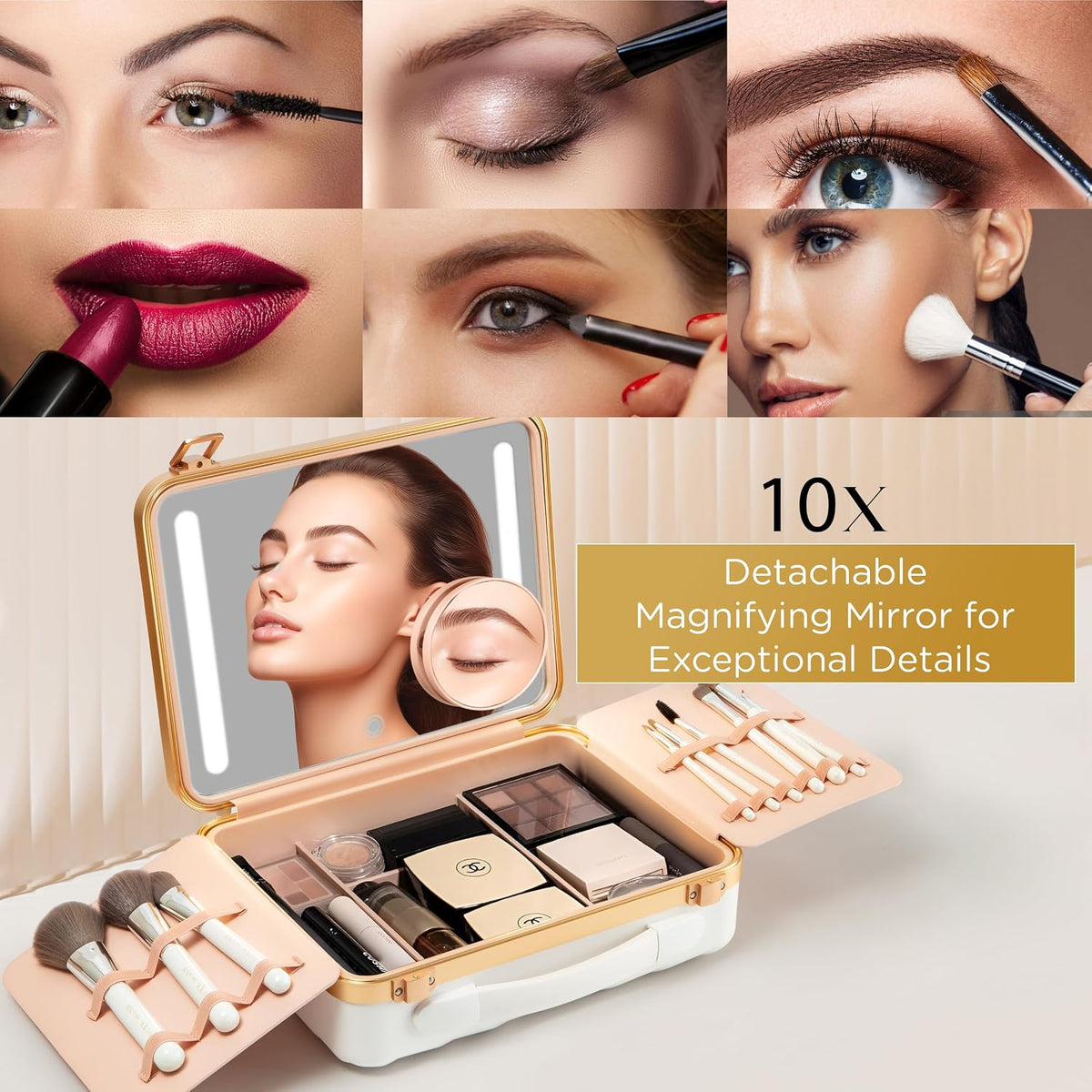Lighted Makeup Case with Mirror + 10x Mini Mirror - Portable, 3 LED Modes, Adjustable Dividers I Travel Makeup Train