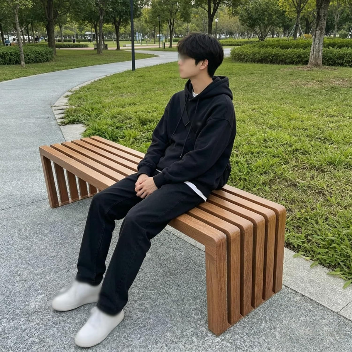 Outdoor Garden Bench, Galvanized Steel Park Patio Bench with Backless, Imitation Wood Grain Slatted Seat for Yard
