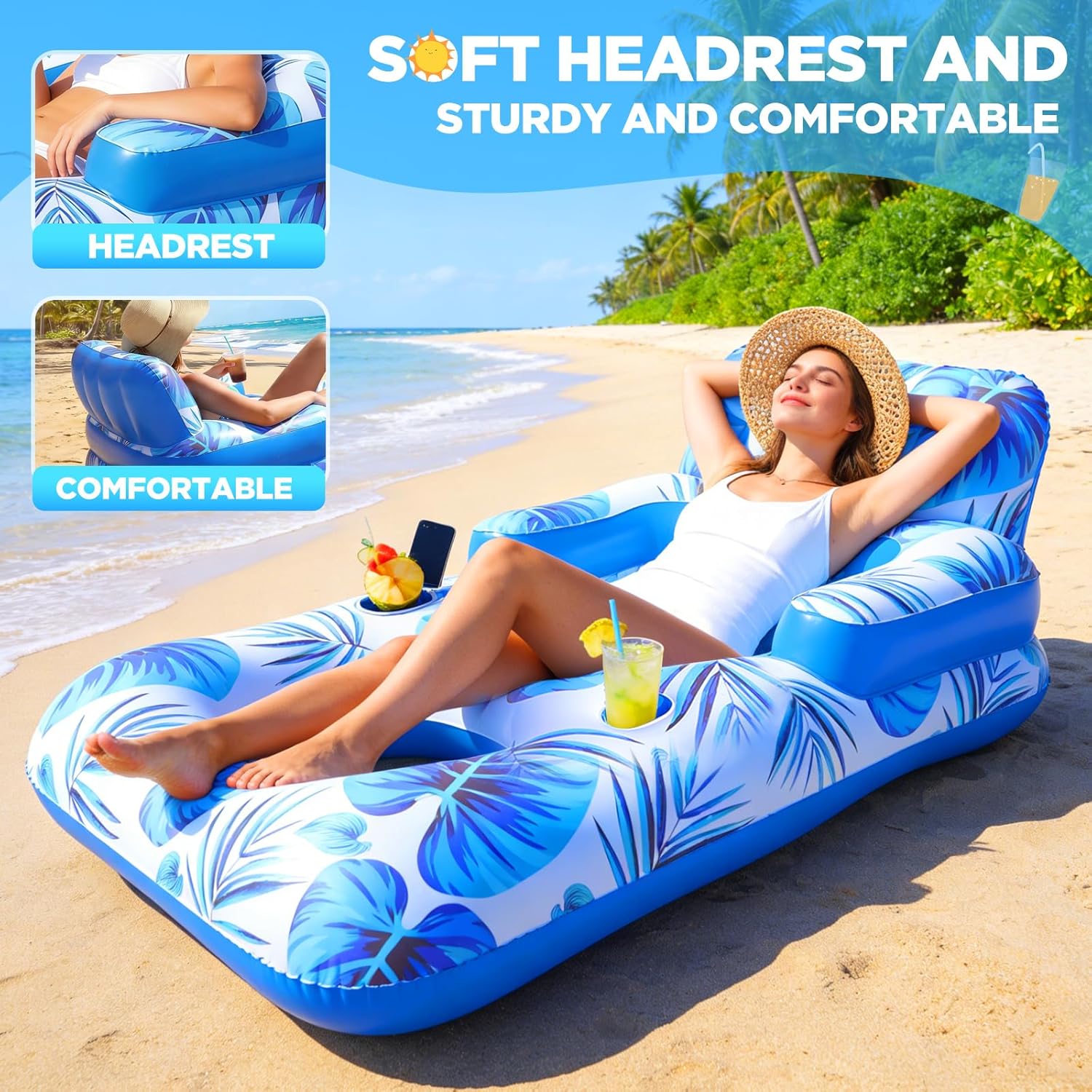 Pool Floats Adult, 65" Thicken PVC Inflatable Pool Chair Lounger Rafts with Cup & Phone Holder & Headrest Backrest