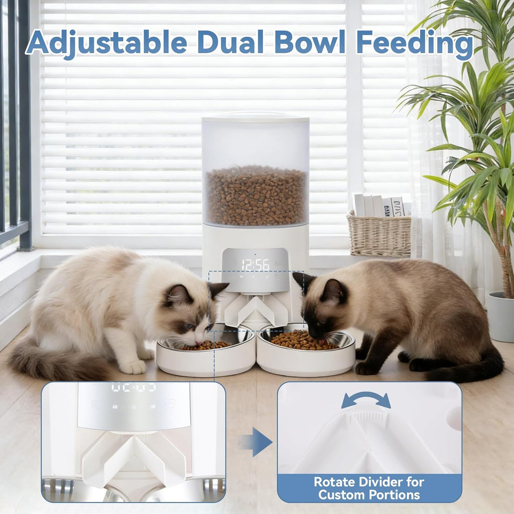 6L Automatic Cat Feeder for 2 Cats, Timed Cat Food Dispenser with 2 Stainless Bowls, 10s Voice Recorder, Dual Power