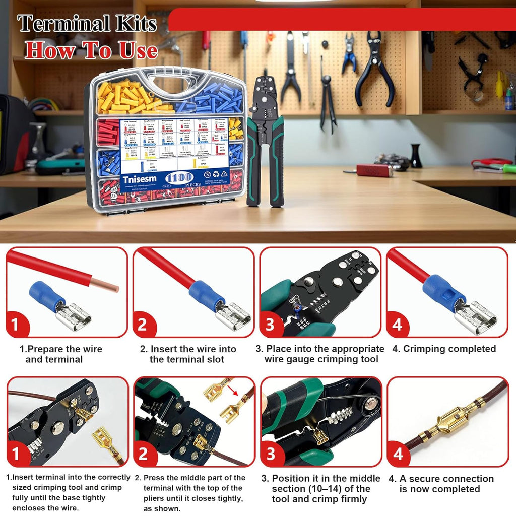 1100PCS Wire Connector Kit with Crimping Tool, Copper Insulated Electrical Wire Terminals - Ring, Butt, Spade, Fork
