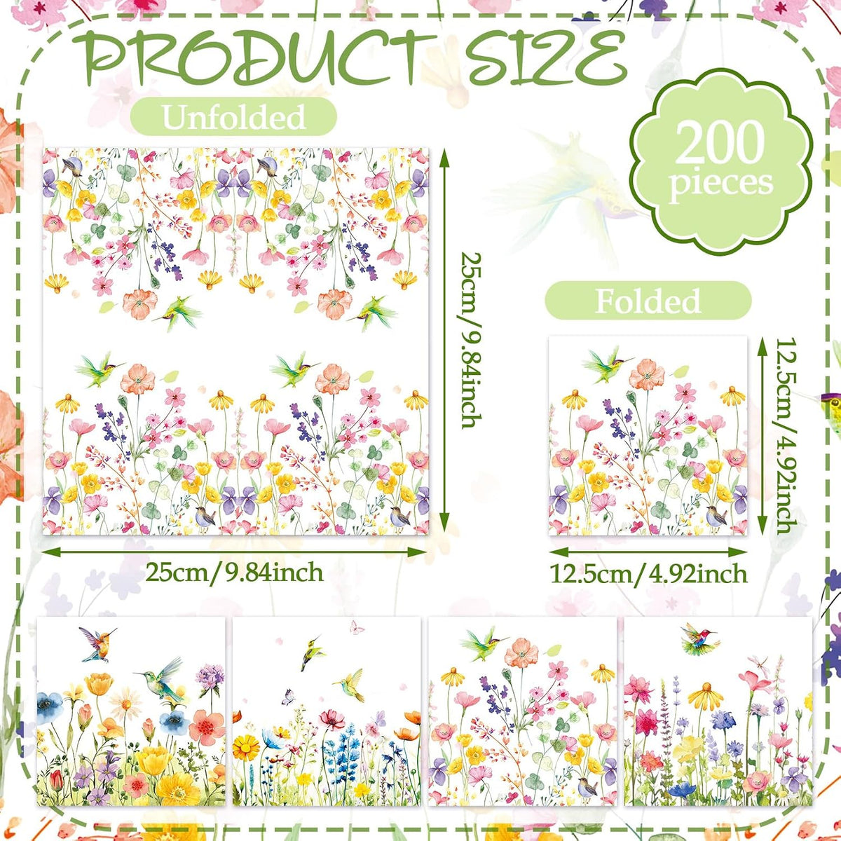 200 Pcs Pastel Wildflower Cocktail Napkins Disposable 4 Style 5"