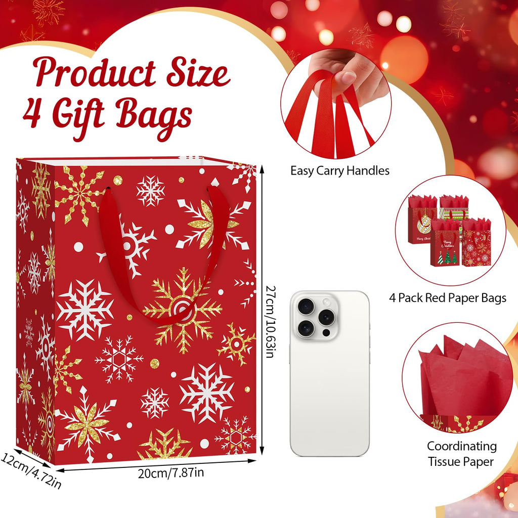 4 Pack 10.6" Christmas Red Gift Bags with Handles
