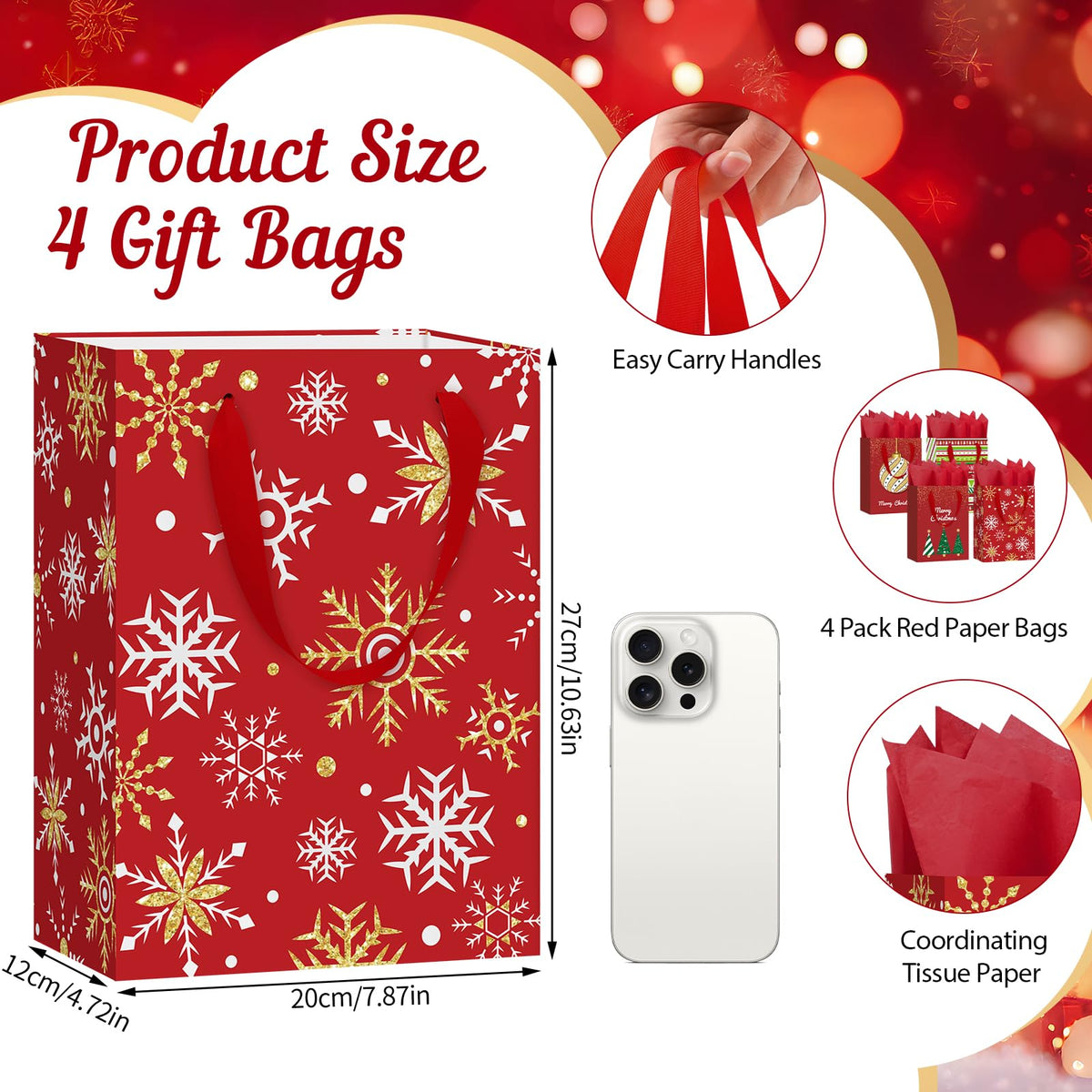 4 Pack 10.6" Christmas Red Gift Bags with Handles