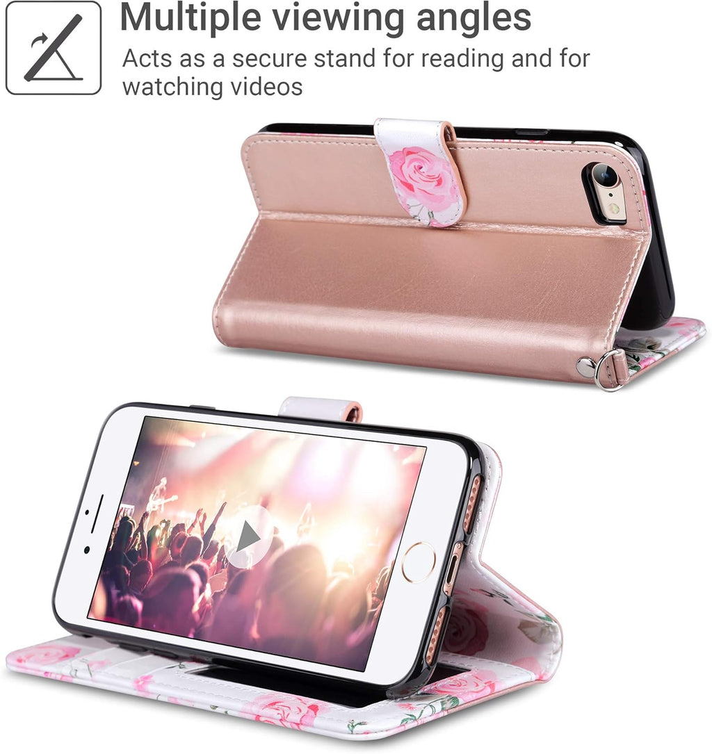 for iPhone SE 3(2022)/SE(2020)/8/7 Wallet Case with Card Holder, Premium Floral PU Leather Flip Case with Kickstand