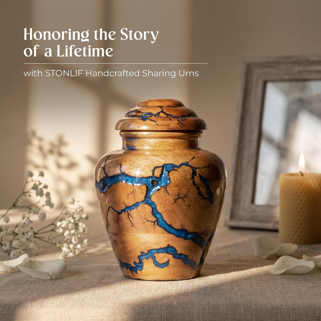 Small Keepsake Urn for Human Ashes Adult - Handcrafted Wooden Mini Urn (20 Cubic Inches) - Blue Decorative Memorial