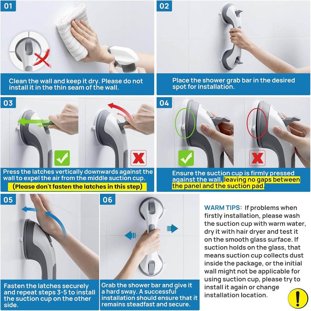 Grab Bars for Bathtubs and Showers 2 Pack Suction Grab Bar, Heavy Duty 12 Inch Shower Handle Removable Bath Handrails