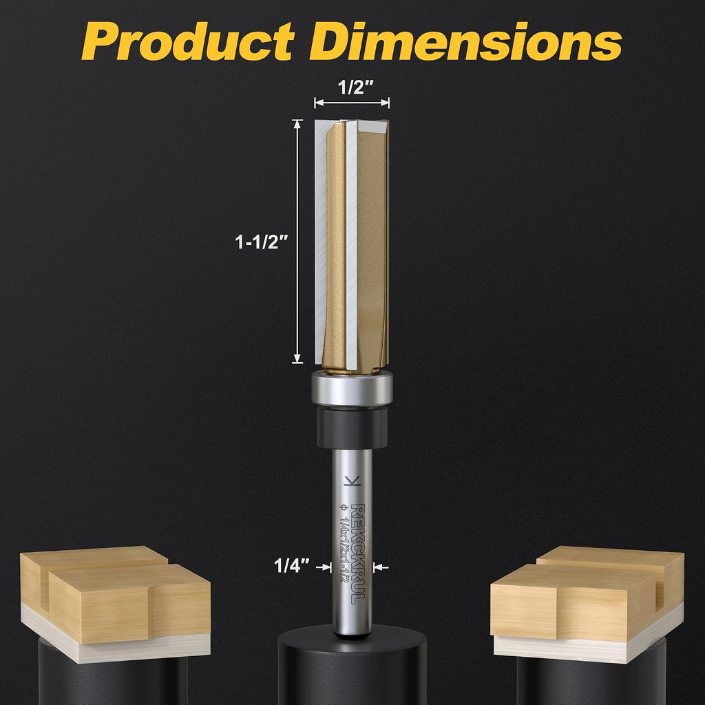 Pattern Flush Trim Router Bit, Top Bearing 1/4" Shank CD: 1/2" CL: 1-1/2" | Professional 3-Blade Carbide Tipped