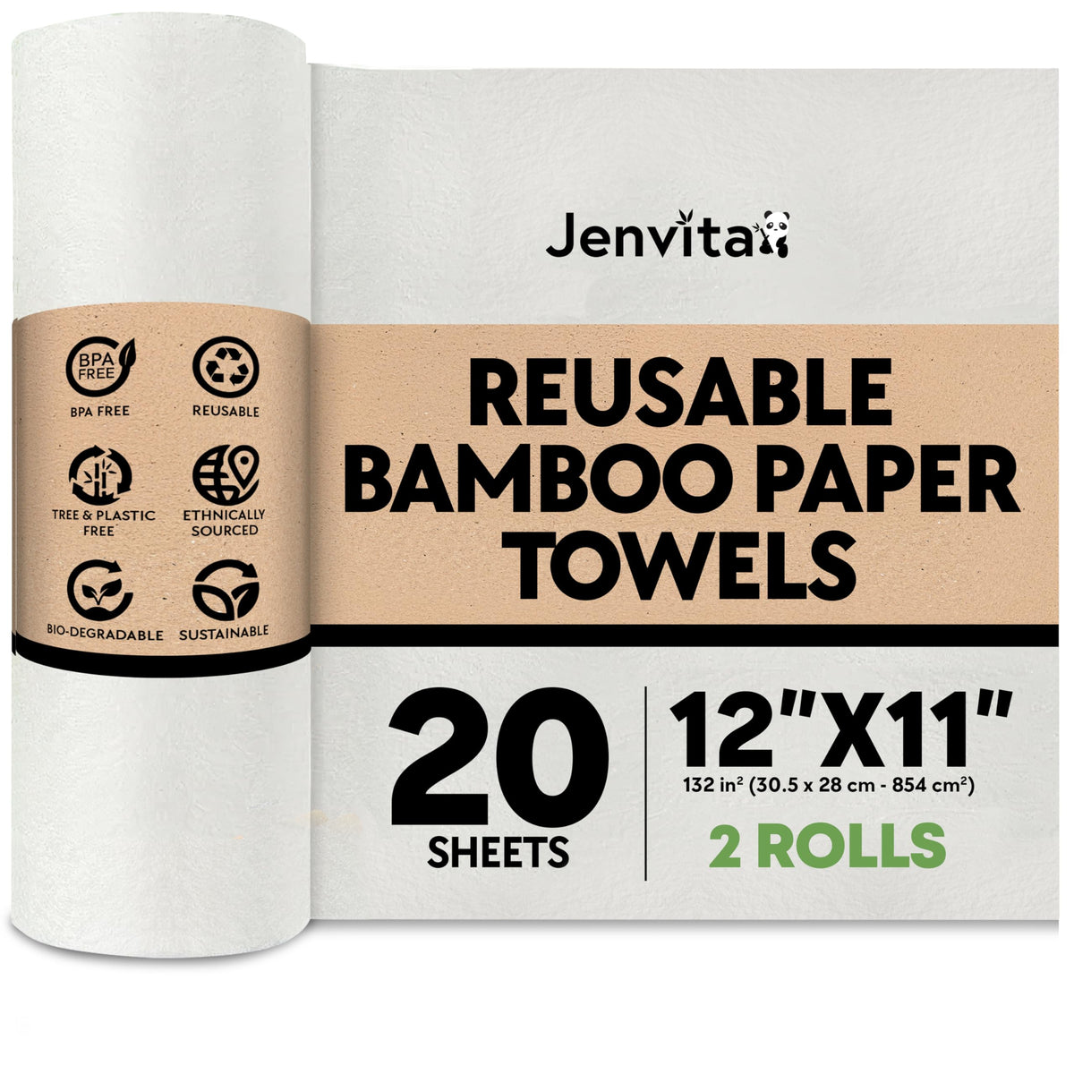 Reusable Bamboo Paper Towels, 20 Sheets, 2 Rolls