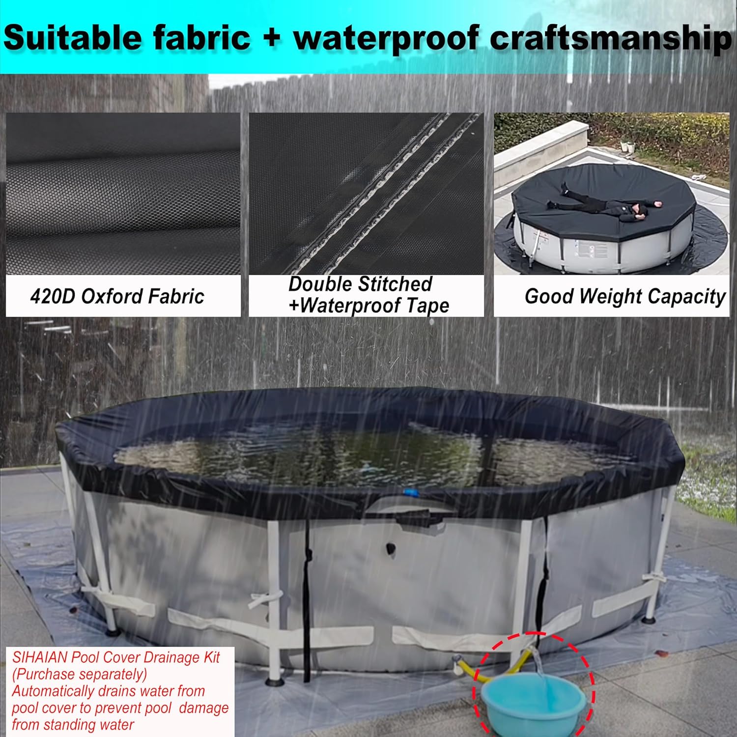 16Ft Round Pool Cover, Prevents Water Accumulation Above Ground Pool Cover, Quick Installation and Removal One-Piece