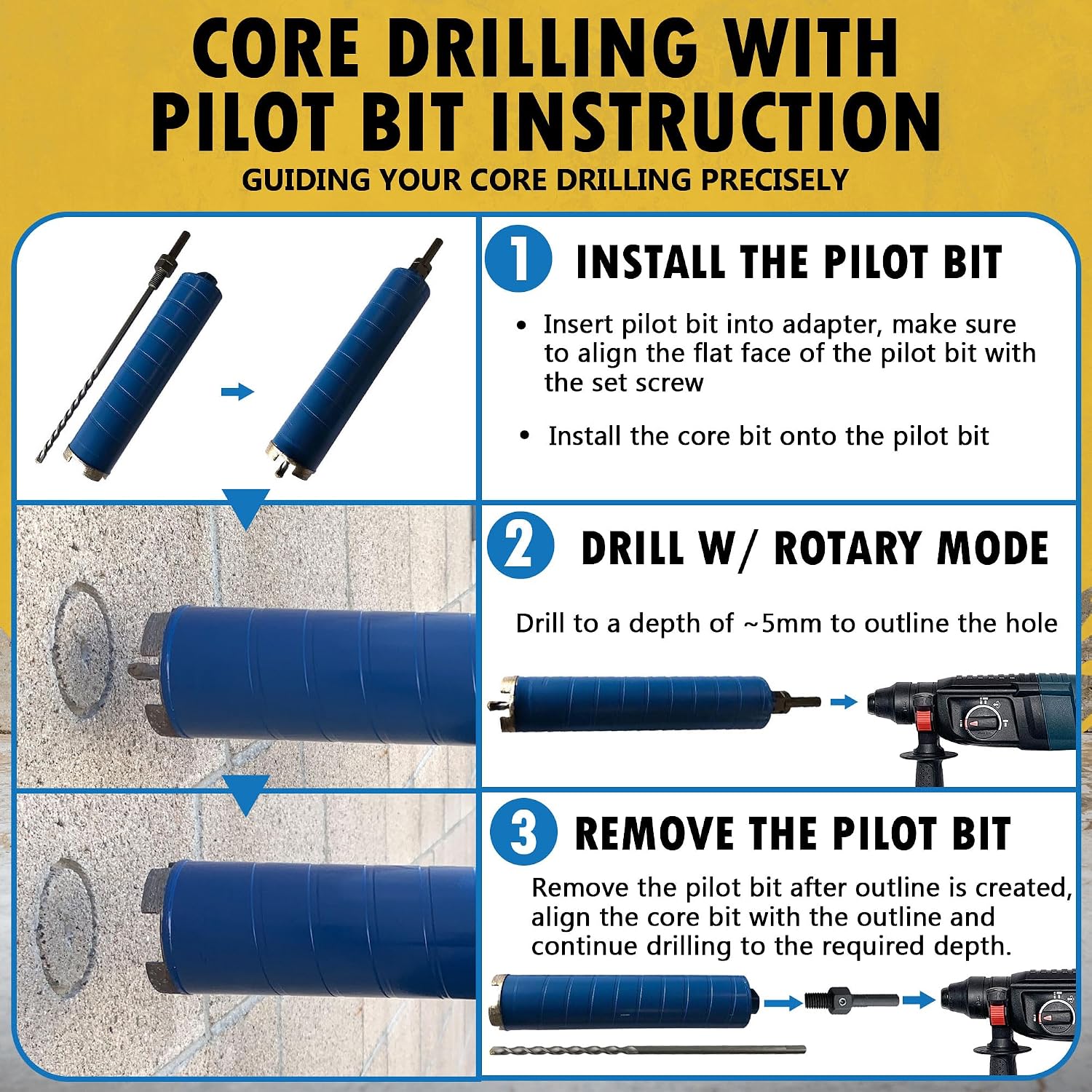 4-1/2" Dry Diamond Core Bit w/Pilot for Brick & Block, 1/2" Chuck | Core drilling into masonry, brick, block, and