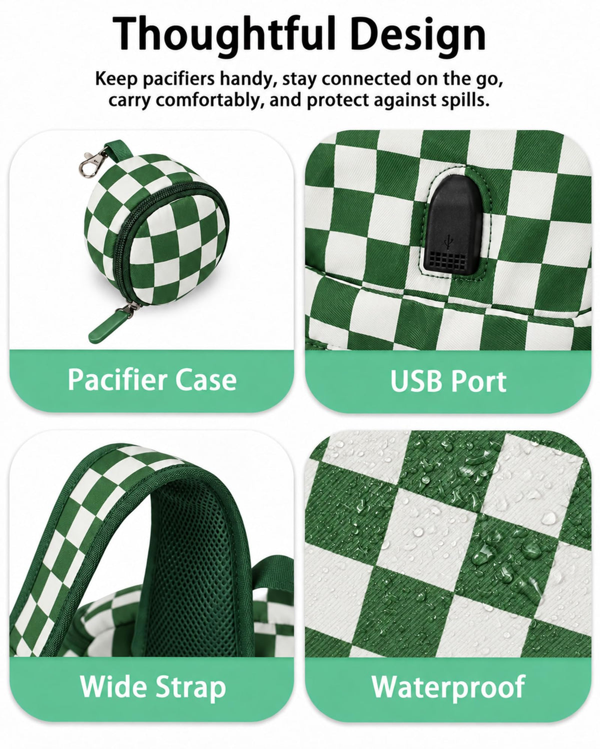 Checkered Diaper Bag Backpack with Changing Pad & Stroller Clips