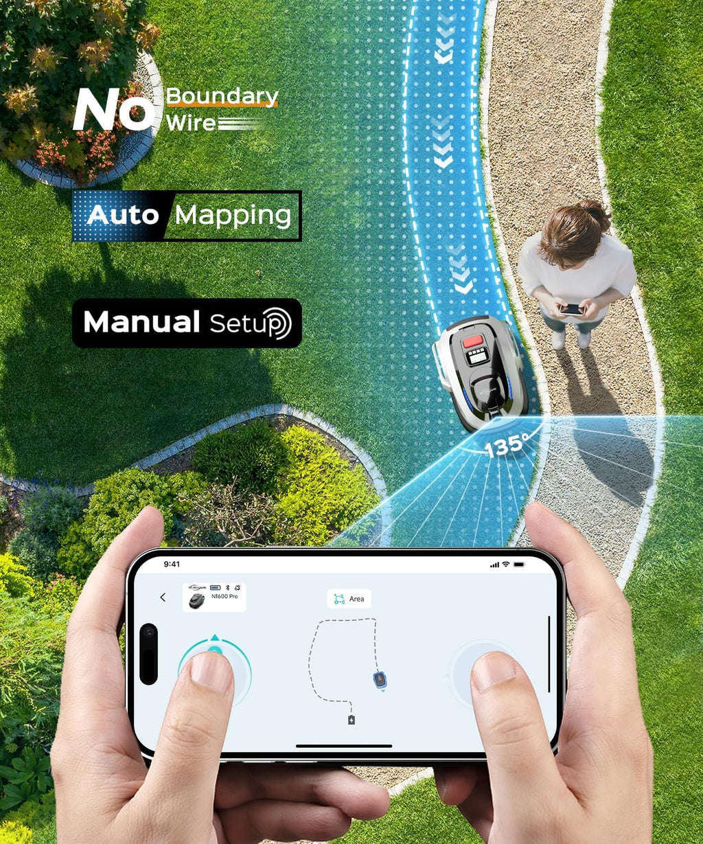 N1600 PRO Wireless Robotic Lawn Mower, RTK & Vision Navigation, Up to 0.4 Acre Coverage, Smart App Control