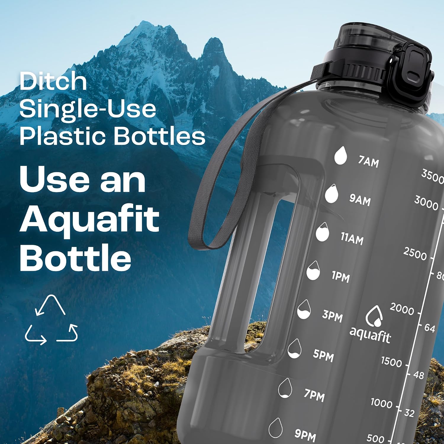 Gallon Water Bottle with Time Marker, 2in1 Lid | BPA Free 128 oz Water Bottle with 2in1 Straw and Chug Lid