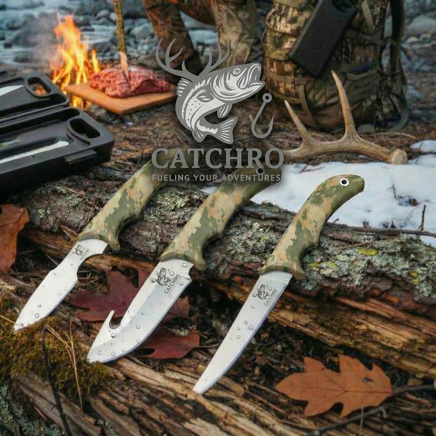 CATCHRO Hunting Knife Set 4 PCS Deer Gutting Kit with Bone Saw, Skinning Knife & Gut Hook Knife – Outdoor Knife Set