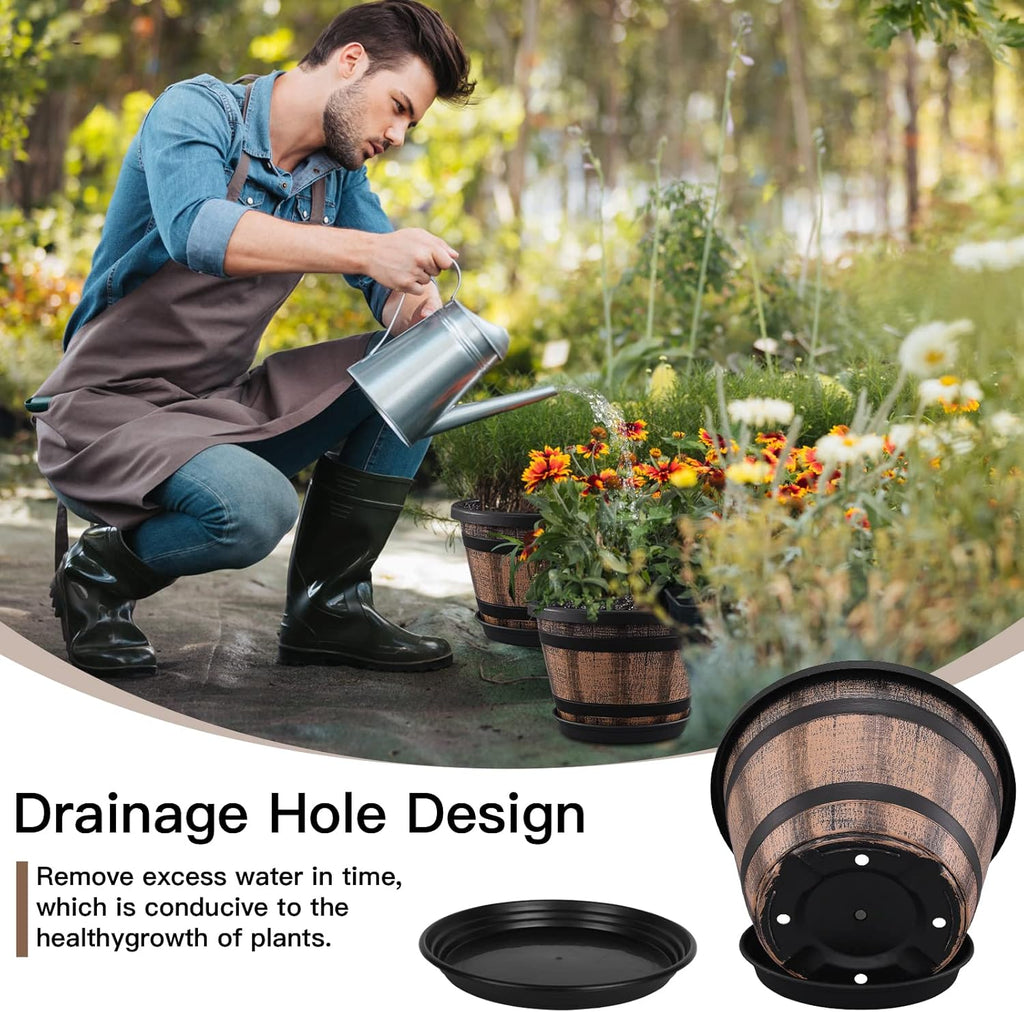 Plant Pots Set of 4 Pack 12 inch,Large Whiskey Barrel Planters with Drainage Holes & Saucer.Plastic Flower Pots