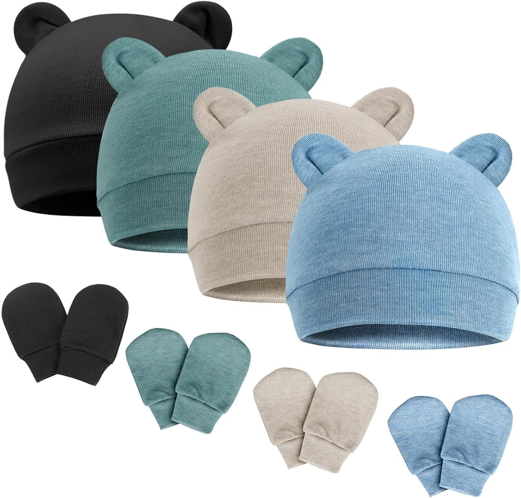 BQUBO Newborn Baby Bear Ears Hats and Mittens Sets Preemie Cotton Caps Baby Boy Girl Infant Hospital Beanie
