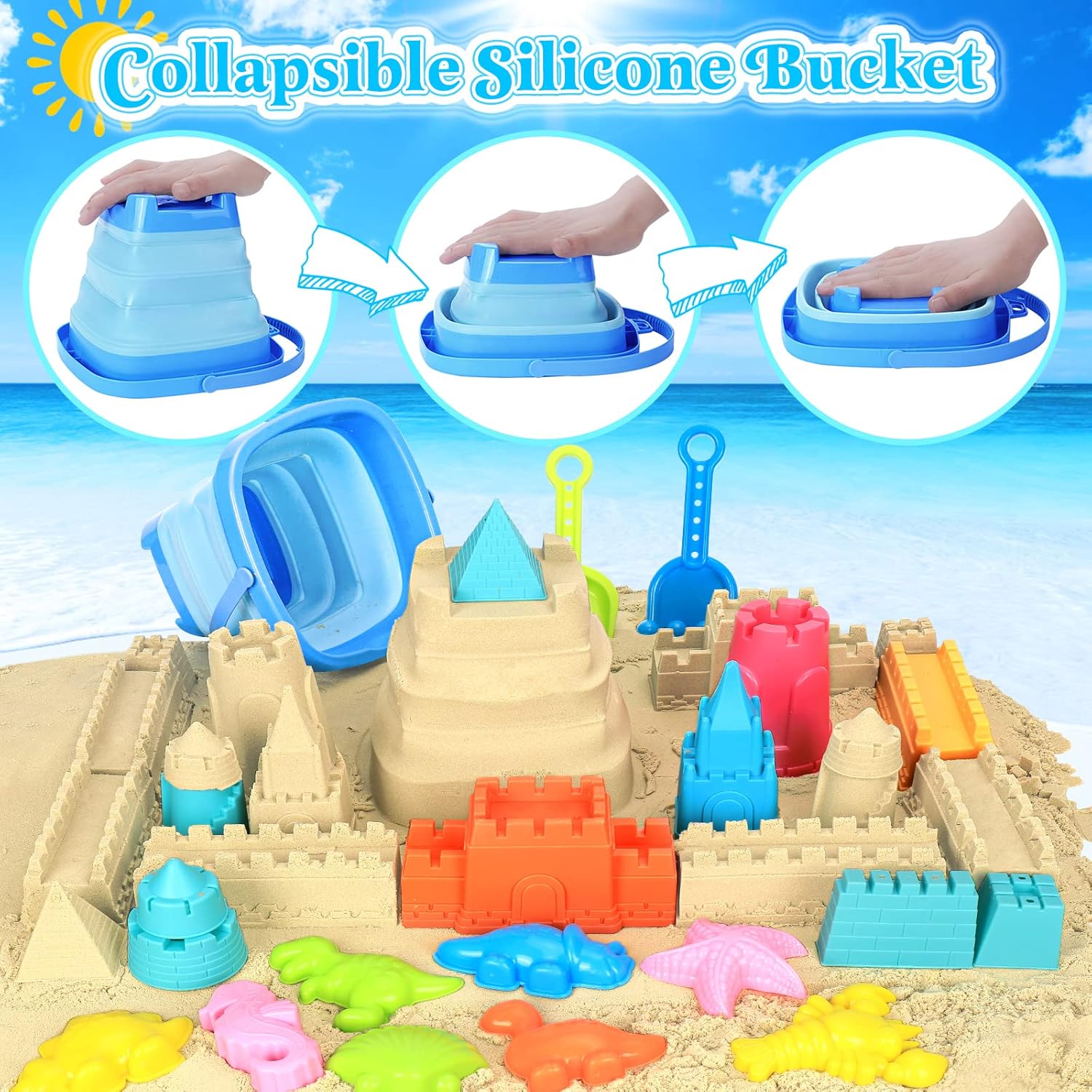 Collapsible Beach Toys for Kids Toddlers, Collapsible Sand Bucket and Shovels Set with Mesh Bag,Travel Sand Castle