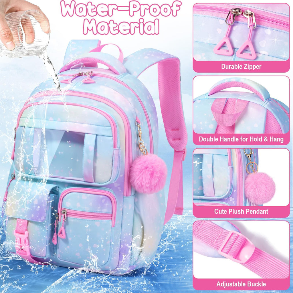 Kids Backpack for School Girls, Waterproof Backpack w/Lunch Box