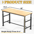 Workbench for Garage, Adjustable Height Work Table 60 x 23.5 inch