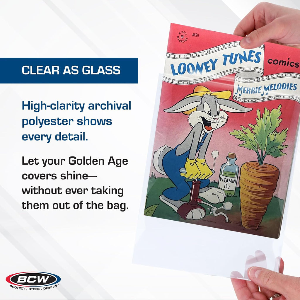 Golden Comic Storage | Archival Polyester Mylar Comic Bags| 4 mil Thickness | Fits Golden Age Comics | 1-1/2" Closure