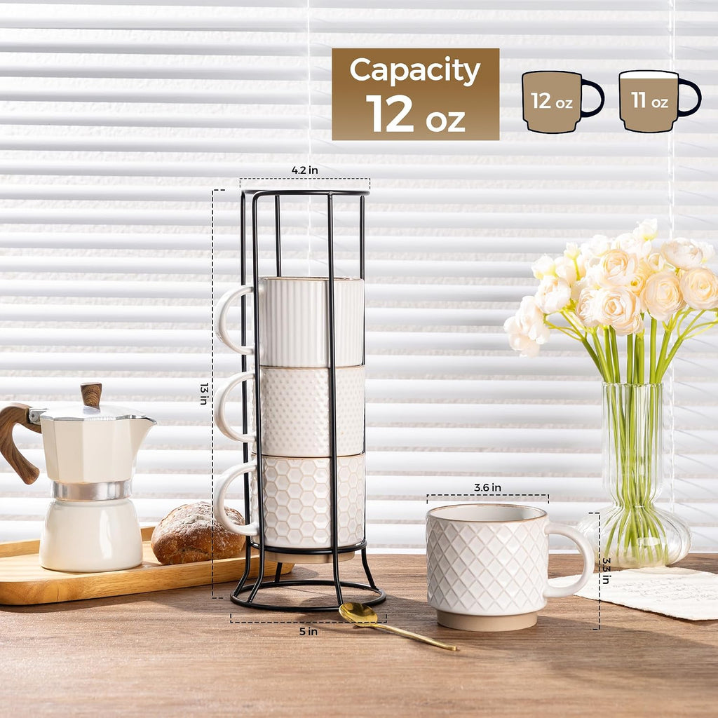 12oz Stackable Coffee Mugs with Stand, Ceramic Coffee Cups Set of 4