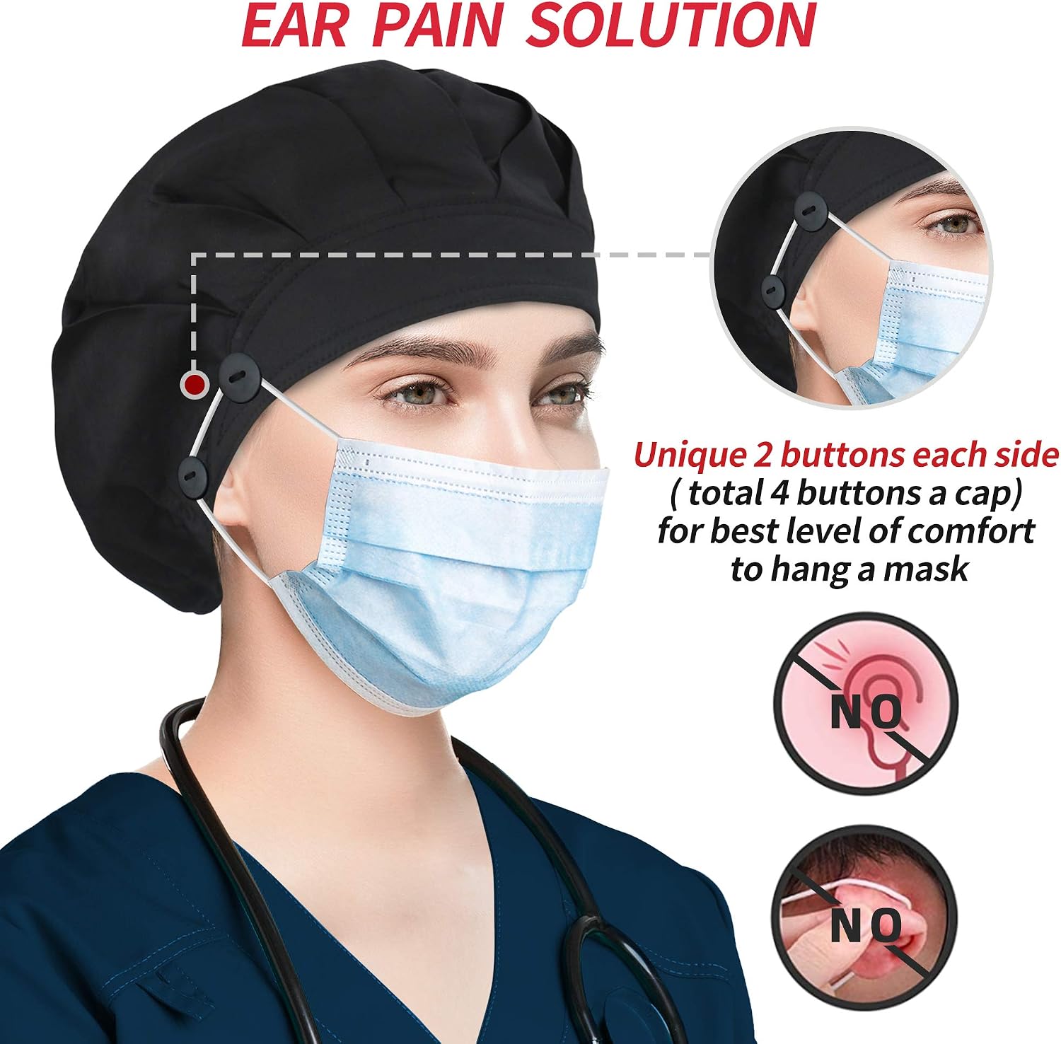 Bouffant Caps with Button and Sweatband, Adjustable Scrub Caps for Women Men, Satin Layer Black