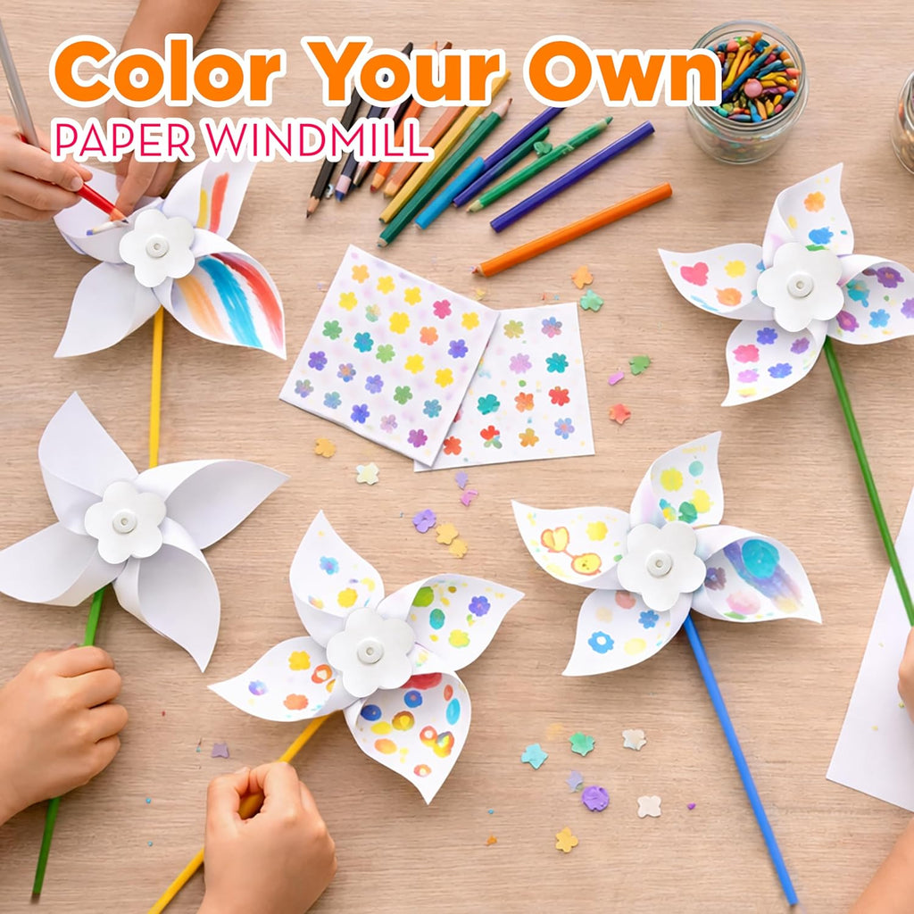 24 Pack DIY Pinwheels Craft for Kids, Bulk Summer Pinwheel Craft Kit, Color Your Own Paper Windmill Patriotic