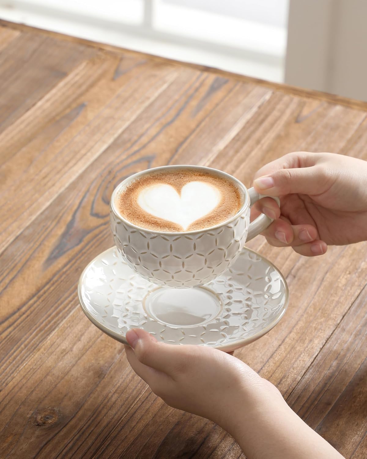 8 OZ Cappuccino Cups with Saucers, Embossed Latte Mugs Set of 4