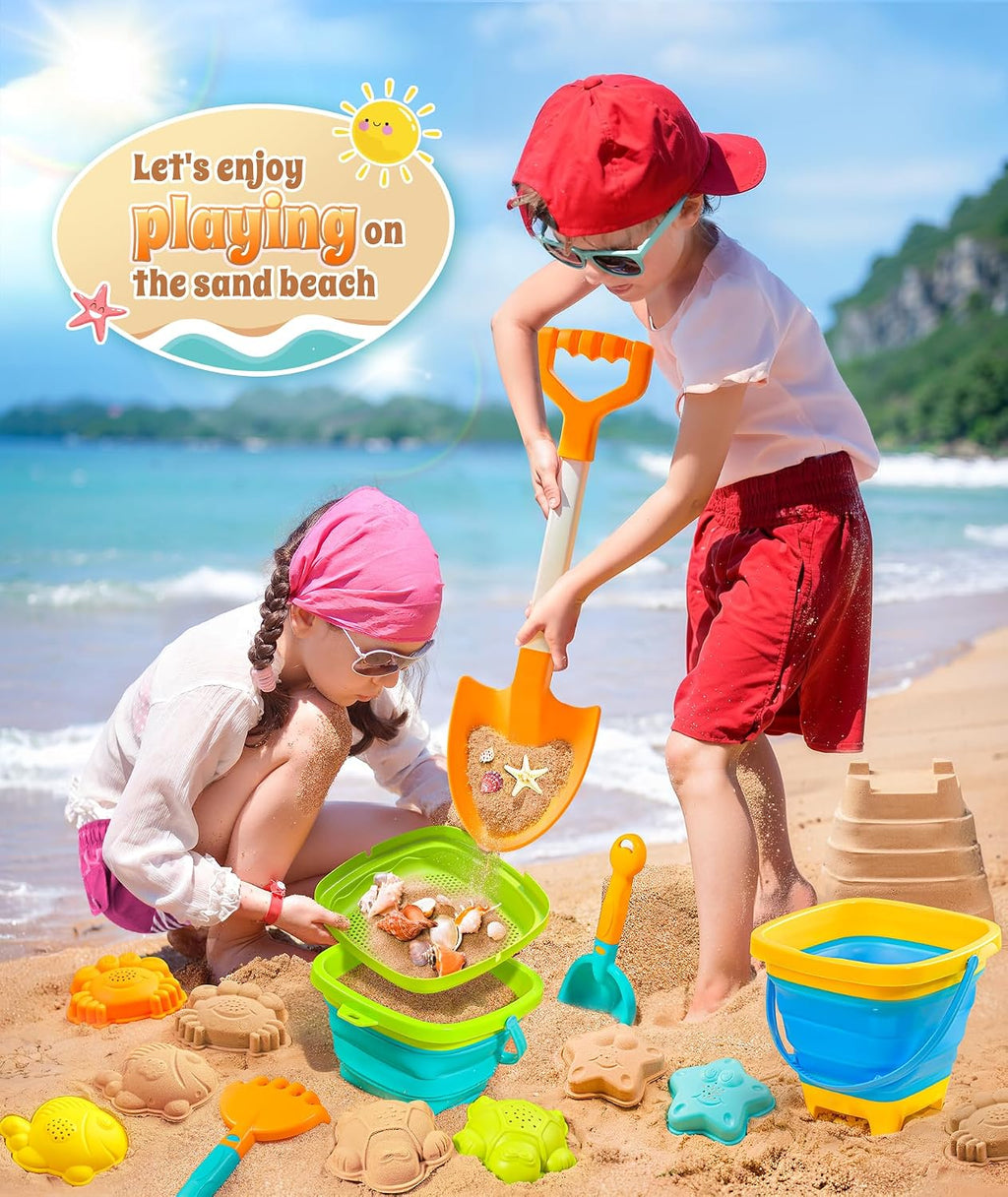 Collapsible Beach Sand Toys for Kids Toddlers, Collapsible Sand Bucket | Sand Sifter Shovels Set with Mesh Bag and