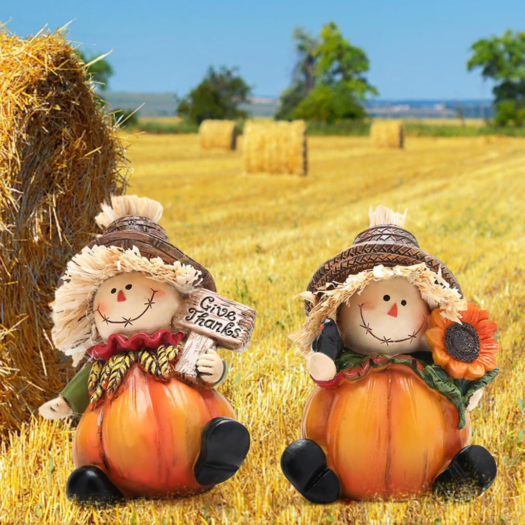 2PCS Fall Thanksgiving Scarecrow Decorations Fall Harvest Scarecrow Pumpkin Decor Figurines for Autumn Thanksgiving