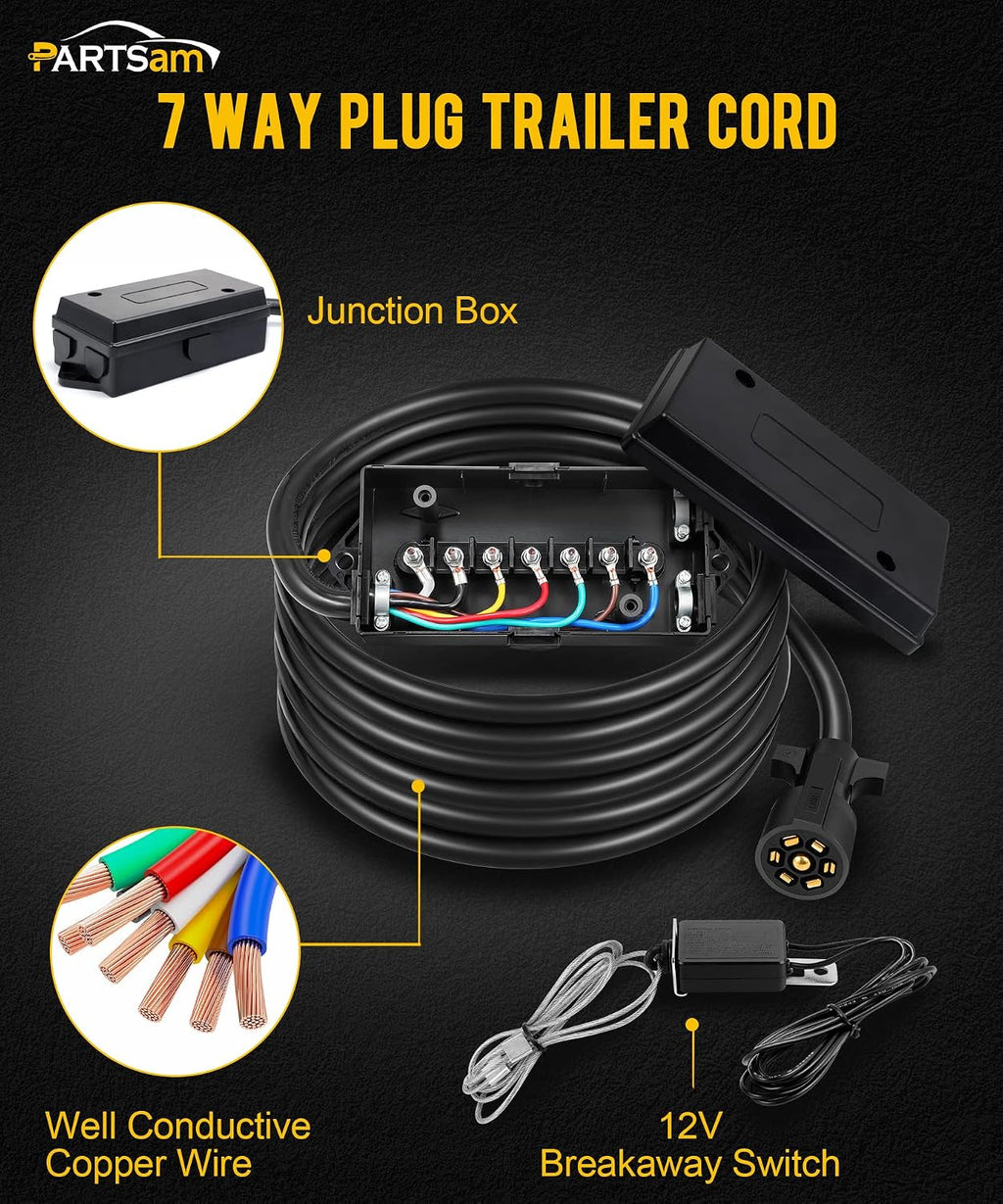 7 Way Trailer Wiring Harness Kit 8ft Trailer Cord 12V Breakaway Switch and Plug Holder Trailer Connector Cable Wiring