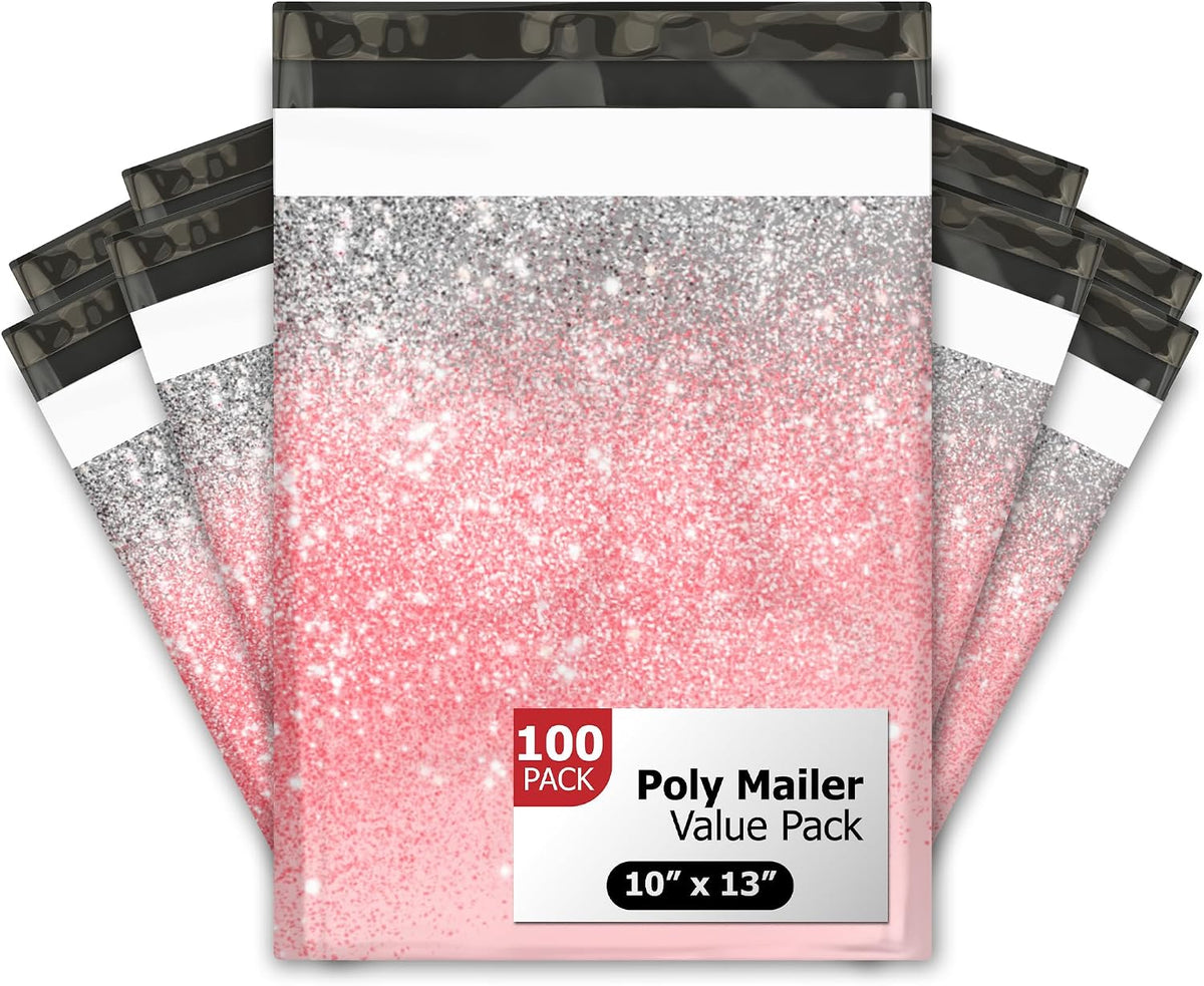 10x13 (100) Pink Glitter Transition Valentine's Day Designer Poly Mailers Waterproof Self Sealing Tear Resistant