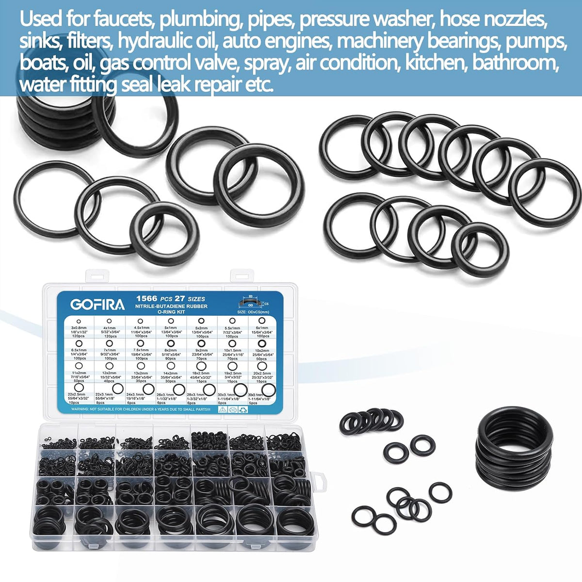 O-Ring O Rings Assortment Kit 1566Pcs 27 Sizes Nitrile Rubber Seals
