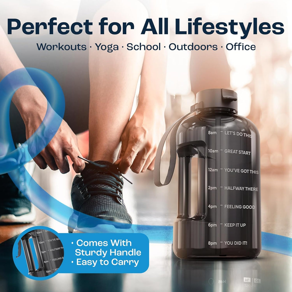 Half Gallon Water Bottle with Motivational Quotes | BPA Free 64 oz Water Bottle with Straw and Chug Lids - Leakproof