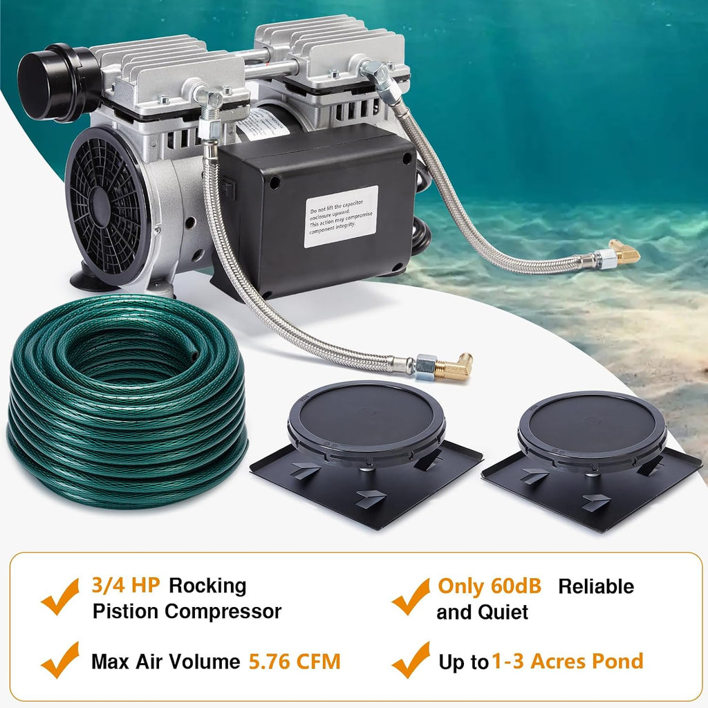 3/4 HP Pond Aerator Kit for Large Lakes up to 3 Acres, 5.76 CFM Aeration System with Upgraded Stainless Steel