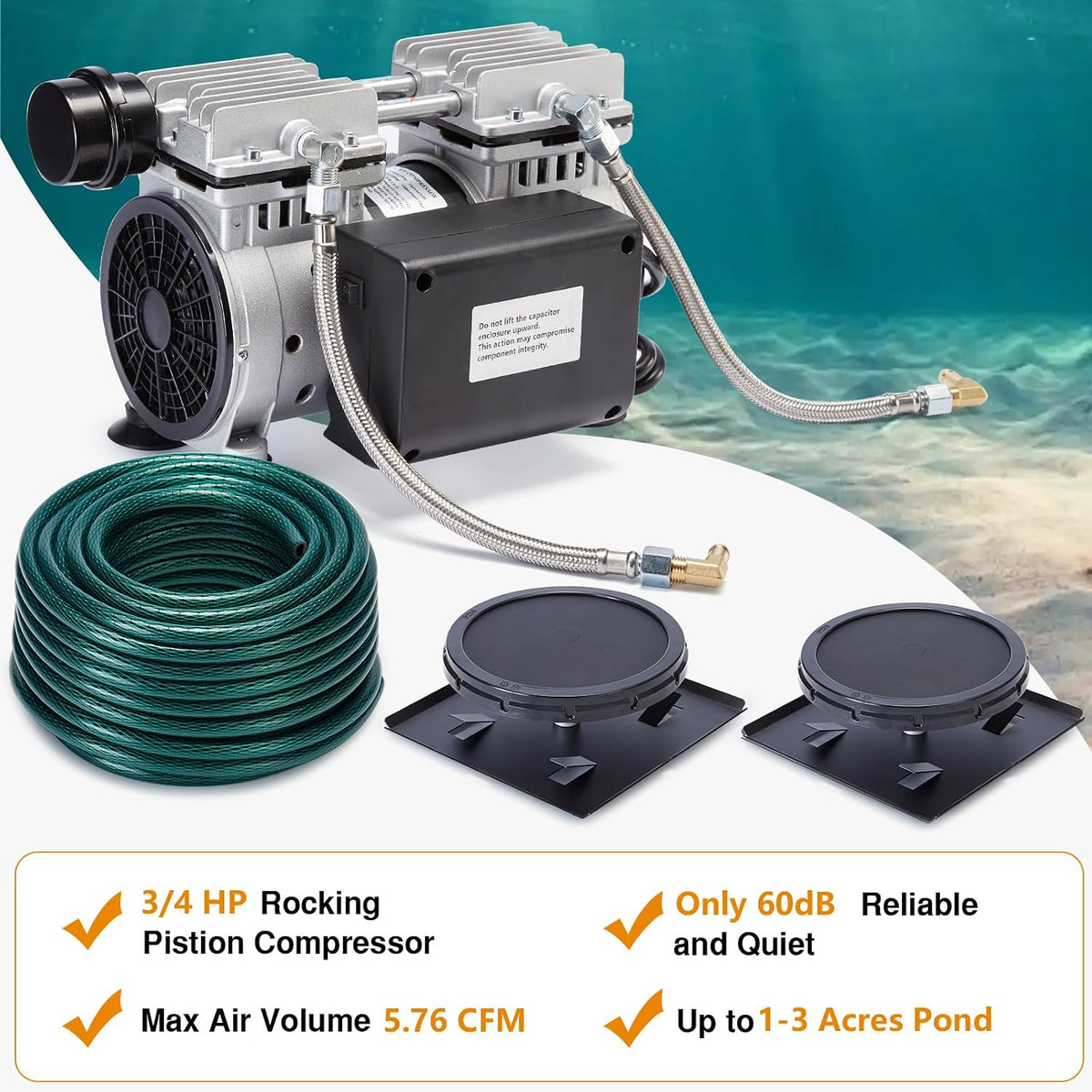 3/4 HP Pond Aerator Kit for Large Lakes up to 3 Acres, 5.76 CFM Aeration System with Upgraded Stainless Steel