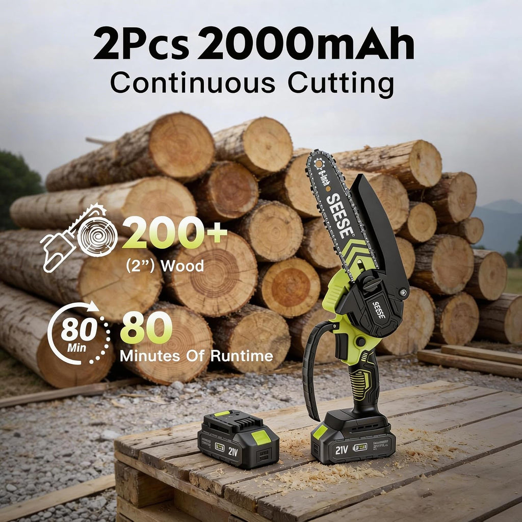 6-inch Mini Chainsaw Cordless: Pure Copper Brushless Motor, High Efficiency, Low Noise, Up to 80-Min Runtime for
