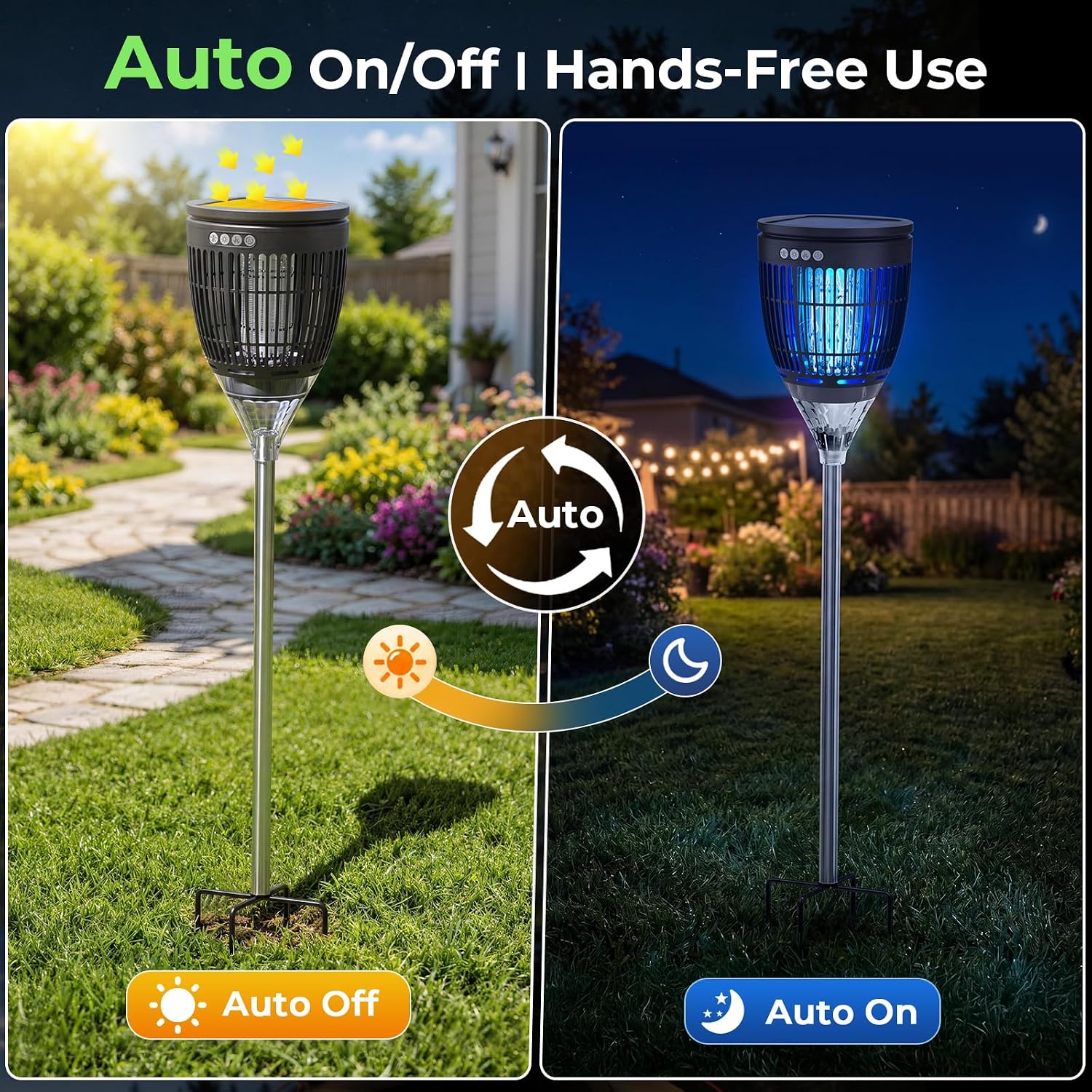 Solar Bug Zapper Outdoor, 3 in 1 Solar Mosquito Zapper with Flame, Projection Mode, Auto On/Off, Grounding Bracket