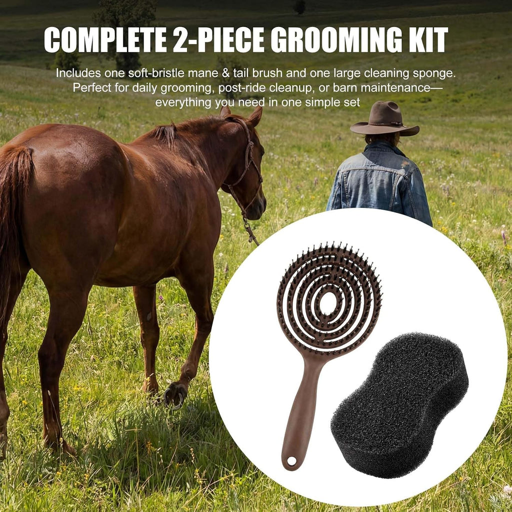 Horse Grooming Set with Mane & Tail Brush and Soft Cleaning Sponge