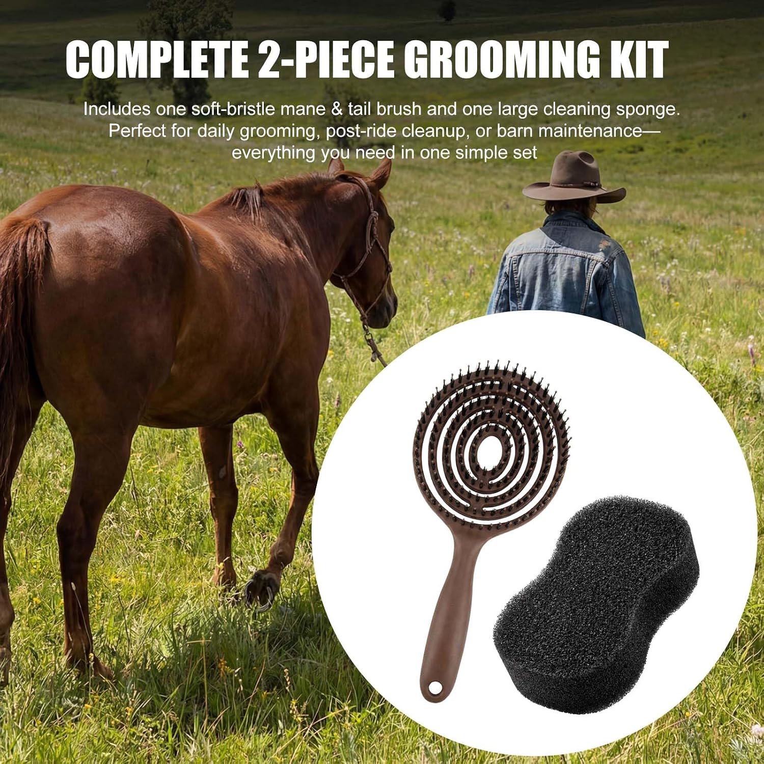 Horse Grooming Set with Mane & Tail Brush and Soft Cleaning Sponge