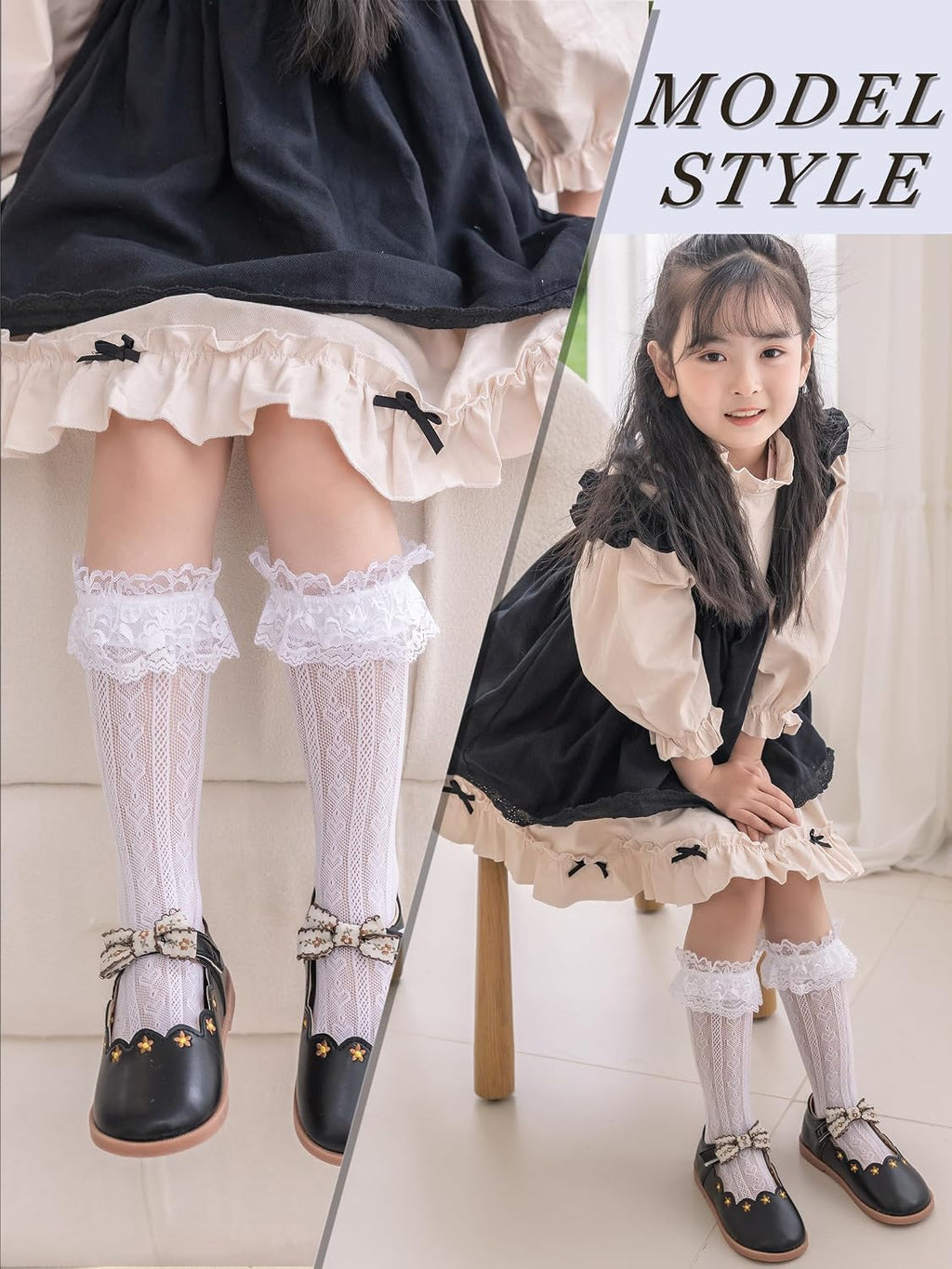 Girls Lace Knee High Socks 2 Pack Sheer Patterned Stockings 5-12Y | Kids Black White Hollow Cute Ruffle Trim Socks