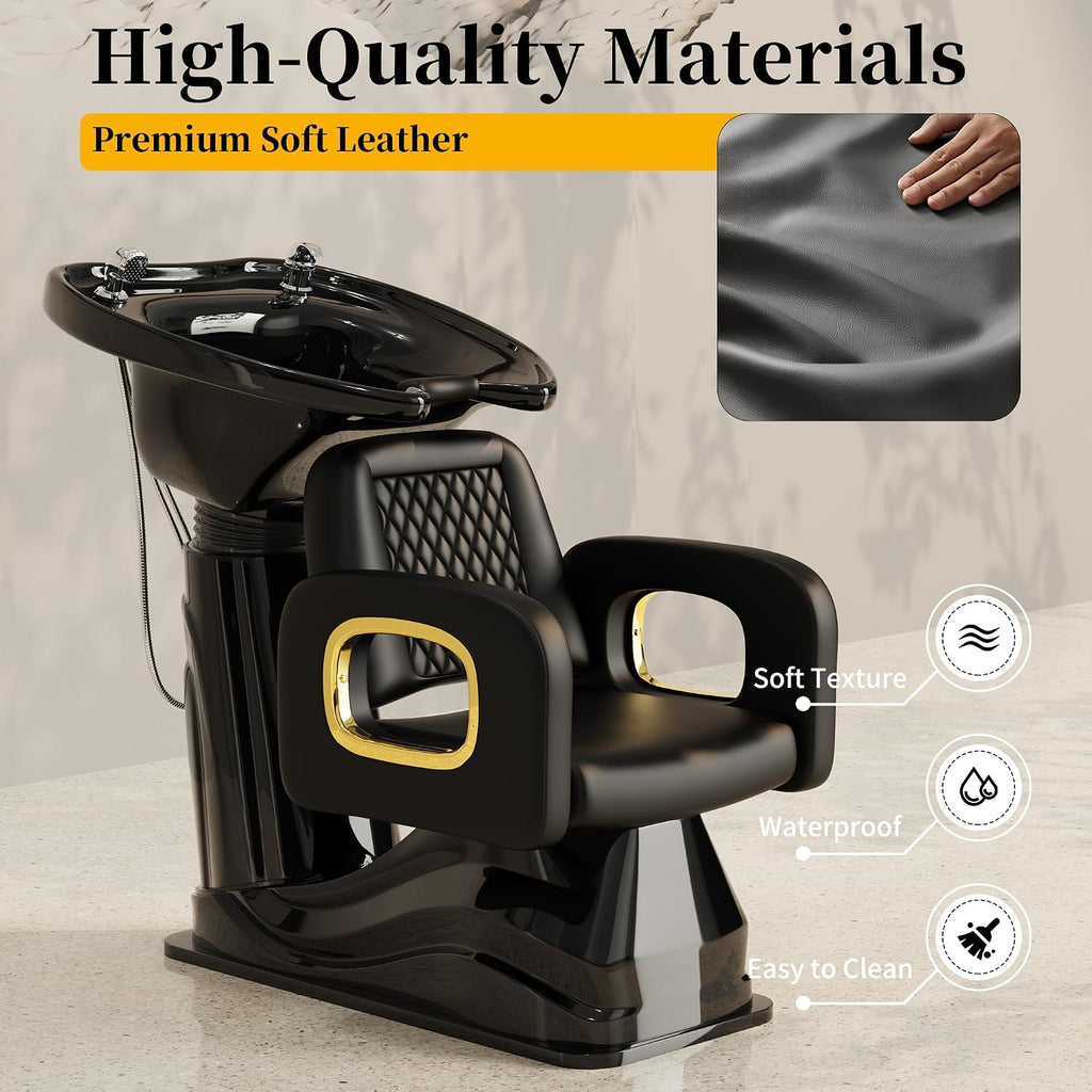 Black and Gold Shampoo Chair, Professional Shampoo Bowl and Chair Set for Salon, Comfortable Barber Backwash Chairs