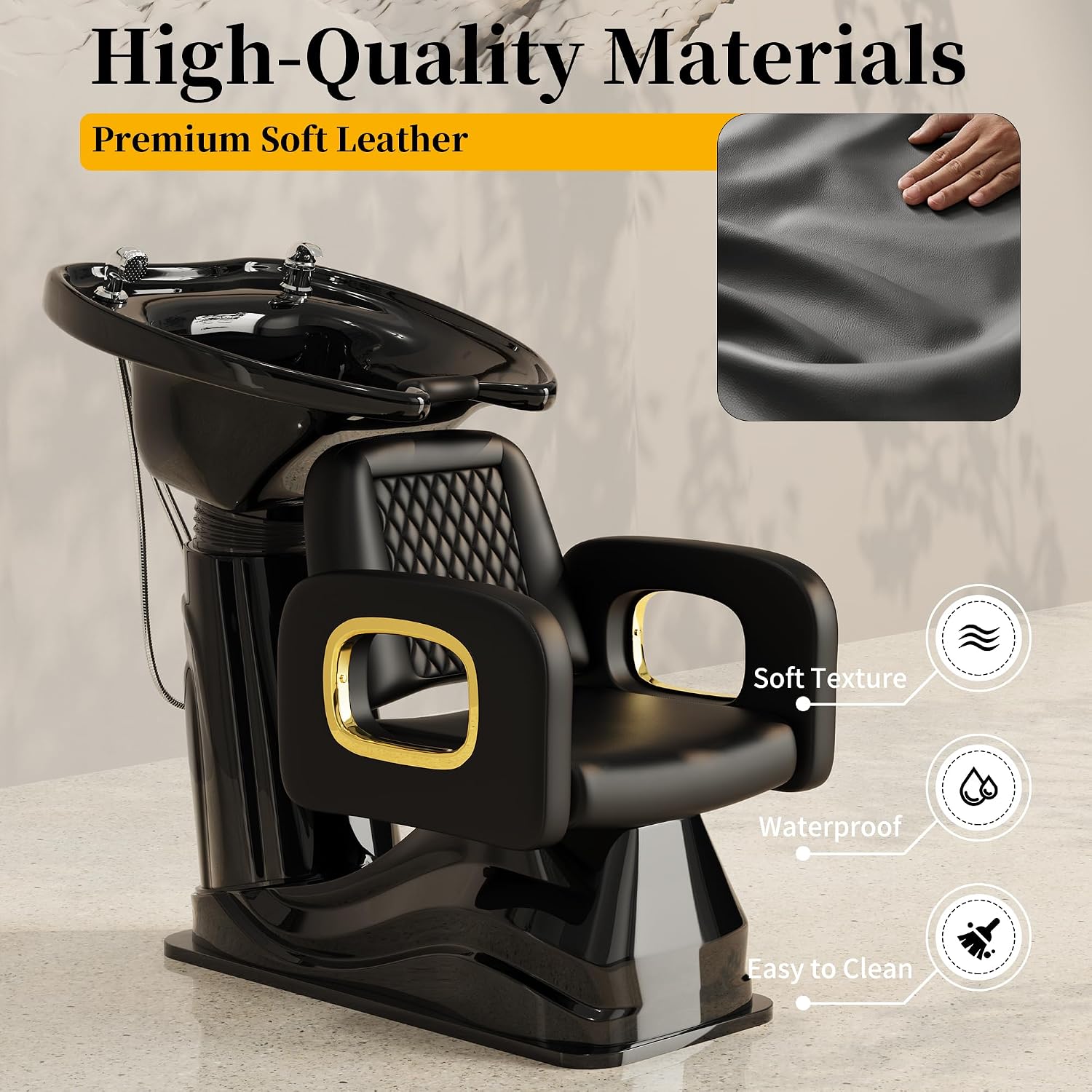 Black and Gold Shampoo Chair, Professional Shampoo Bowl and Chair Set for Salon, Comfortable Barber Backwash Chairs
