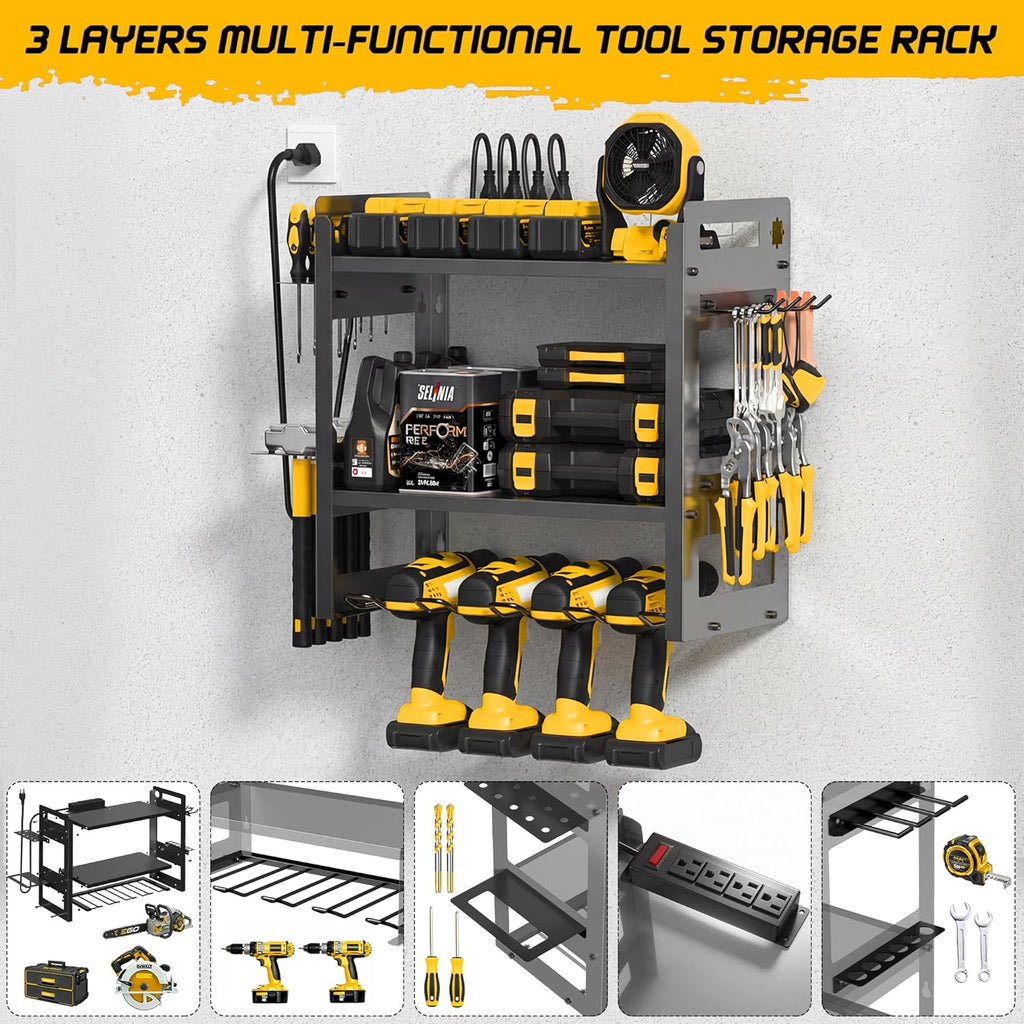 Power Tool Organizer Wall Mount with Charging Station, 3-Tier Heavy Duty Metal Tool Rack with 4 Drill Holders and 6FT