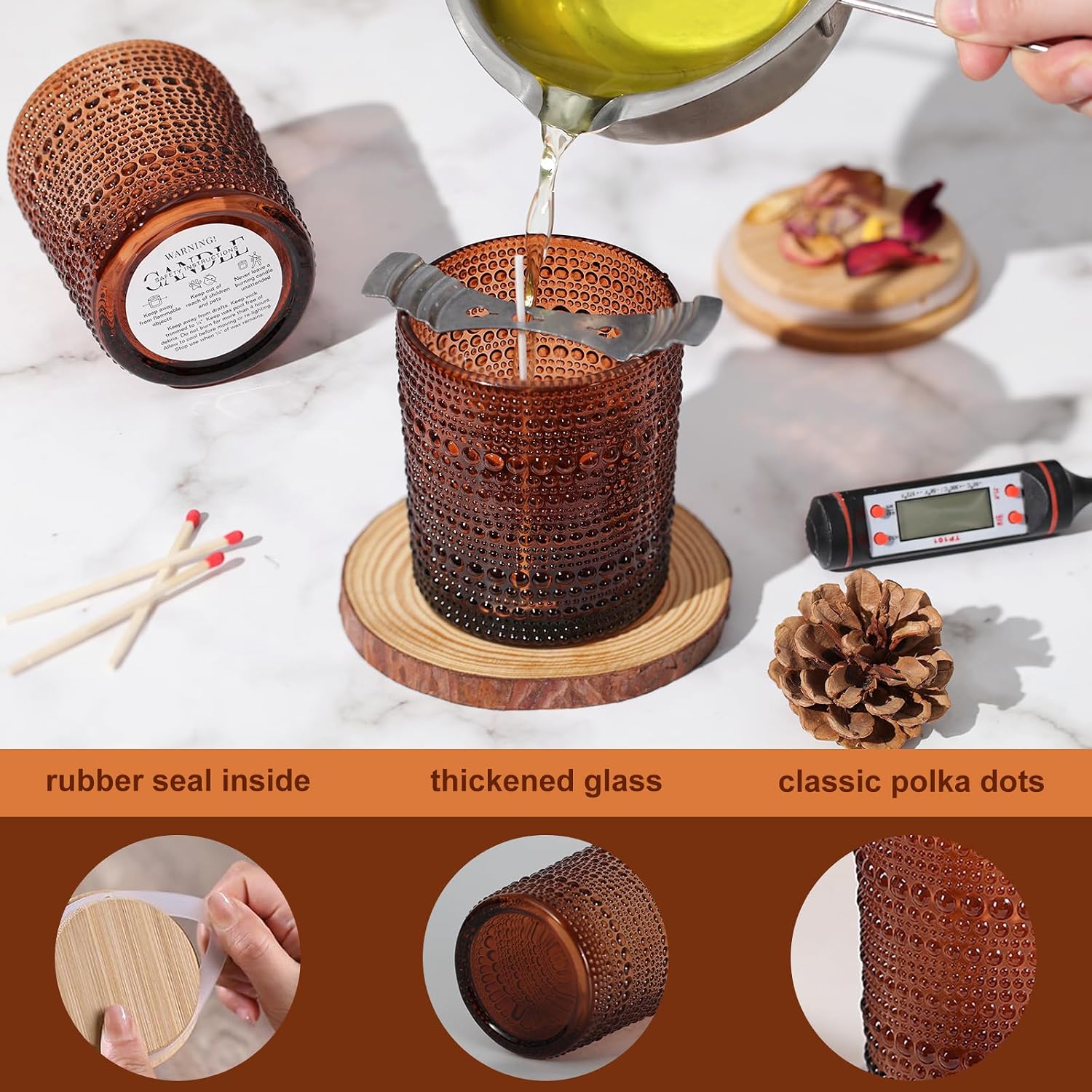 12 Pcs 10 oz Glass Candle Jars with Lids, Candle Tins-Amber | Thick Wall Ribbed Glass, Airtight Wood Lids- The go to