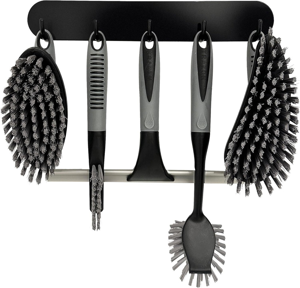 Scrub Brush Set of 6 pcs - Cleaning Shower Scrubbers with Squeegee for Shower Glass and Adhesive Wall Hooks Including