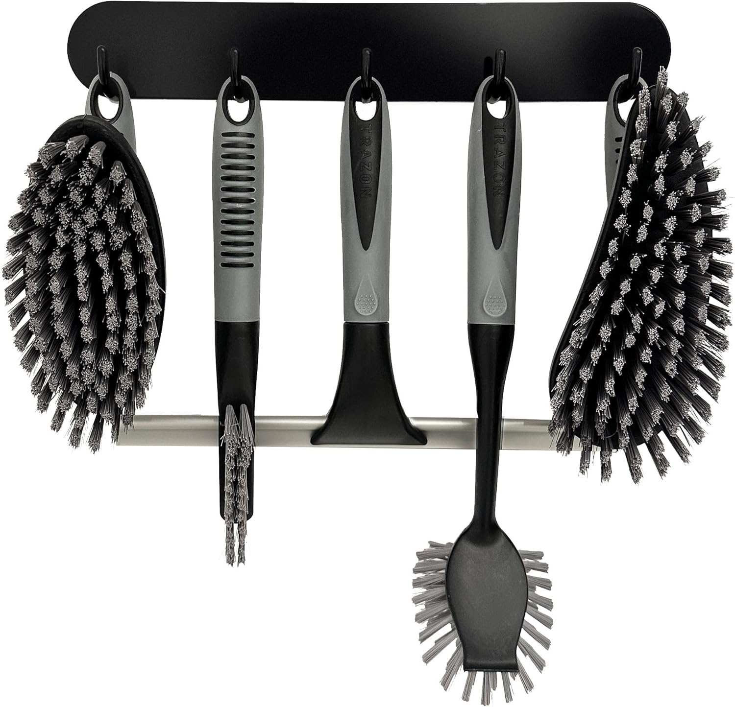 Scrub Brush Set of 6 pcs - Cleaning Shower Scrubbers with Squeegee for Shower Glass and Adhesive Wall Hooks Including