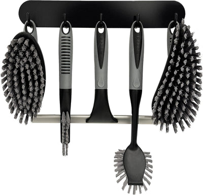 Scrub Brush Set of 6 pcs - Cleaning Shower Scrubbers with Squeegee for Shower Glass and Adhesive Wall Hooks Including