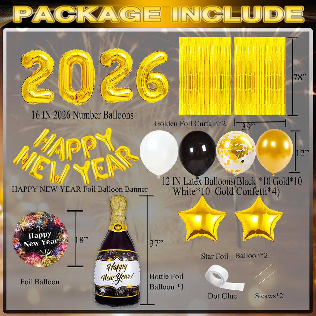 New Years Eve Party Supplies 2026, Happy New Years Decorations 2026, Gold and Black Balloons Supplies Set with 2026